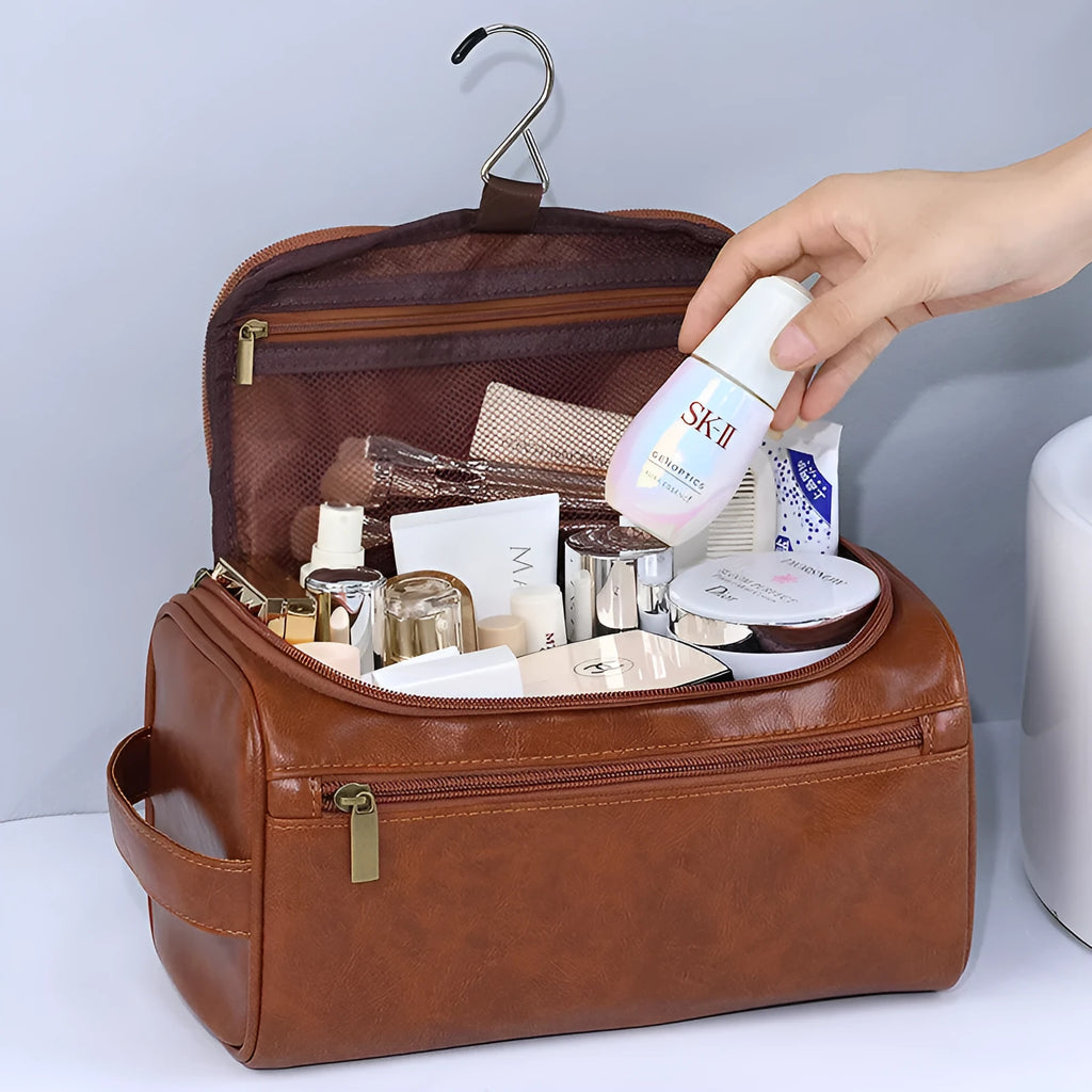 Large waterproof cosmetic storage bag in brown PU leather with a retro style design.