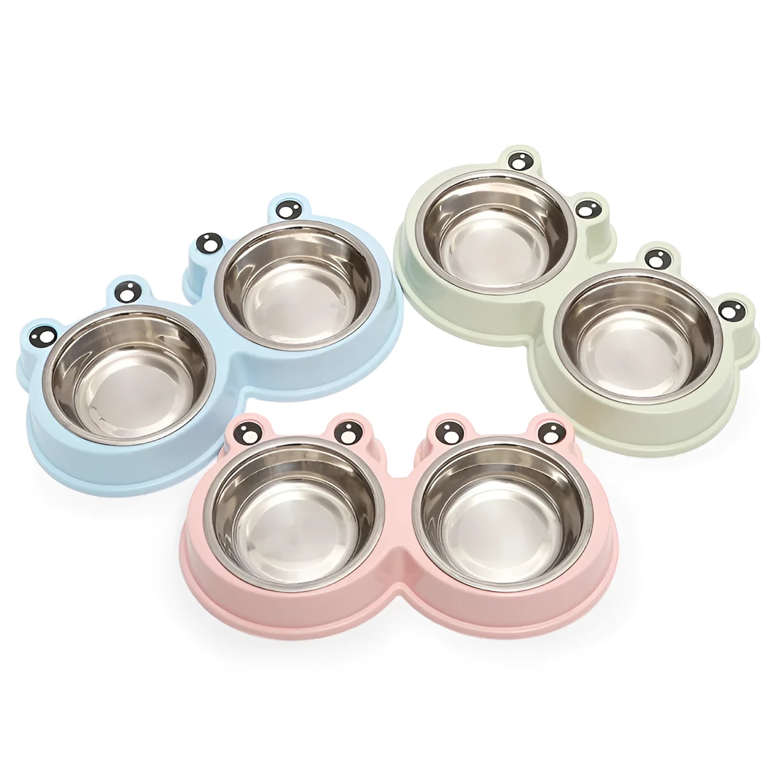 Stainless steel pet double bowl with food and water compartments in blue, green, and pink colour options