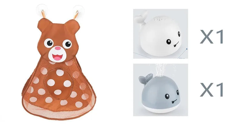 Whale-shaped baby bath toy with automatic water spray and colourful lights floating in water.