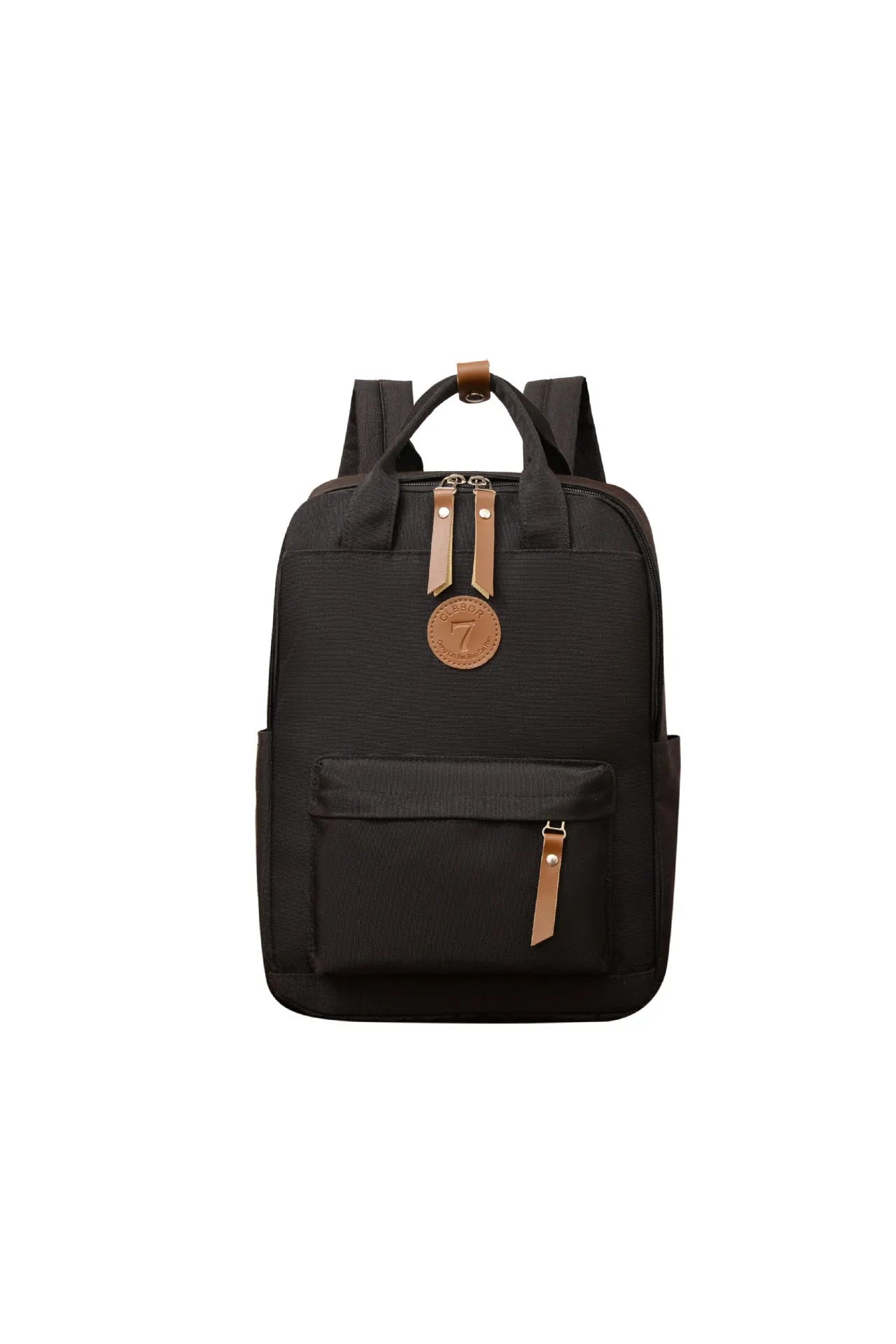 Black Oxford cloth backpack with curved shoulder straps on solid background