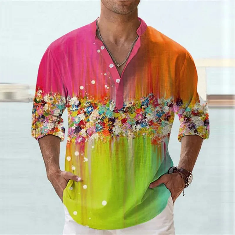 British-style bamboo hemp short sleeve shirt with 3D thermal transfer striped pattern