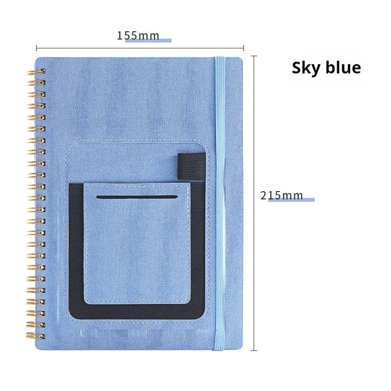 A5 erasable spiral notebook with stone paper, custom cover options including pockets and sticky notes