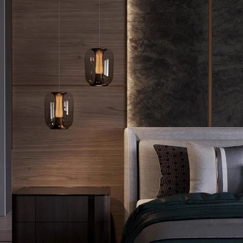 Minimalist Nordic chandelier with geometric metal frame in smoked grey, cognac, or clear colour options