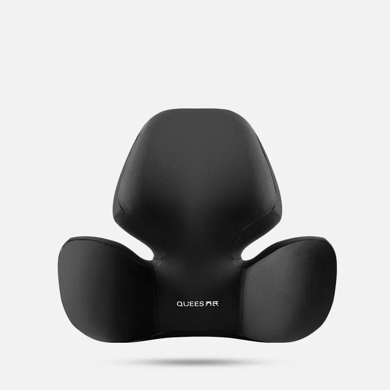 Black and grey memory foam car seat lumbar support pillow and matching headrest cushion on a car seat