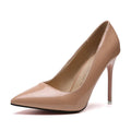 Women's apricot pointed toe stiletto high heel pump with super high heel on a rubber sole.