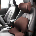 Memory foam car lumbar support cushion and a version with integrated headrest in beige colour.