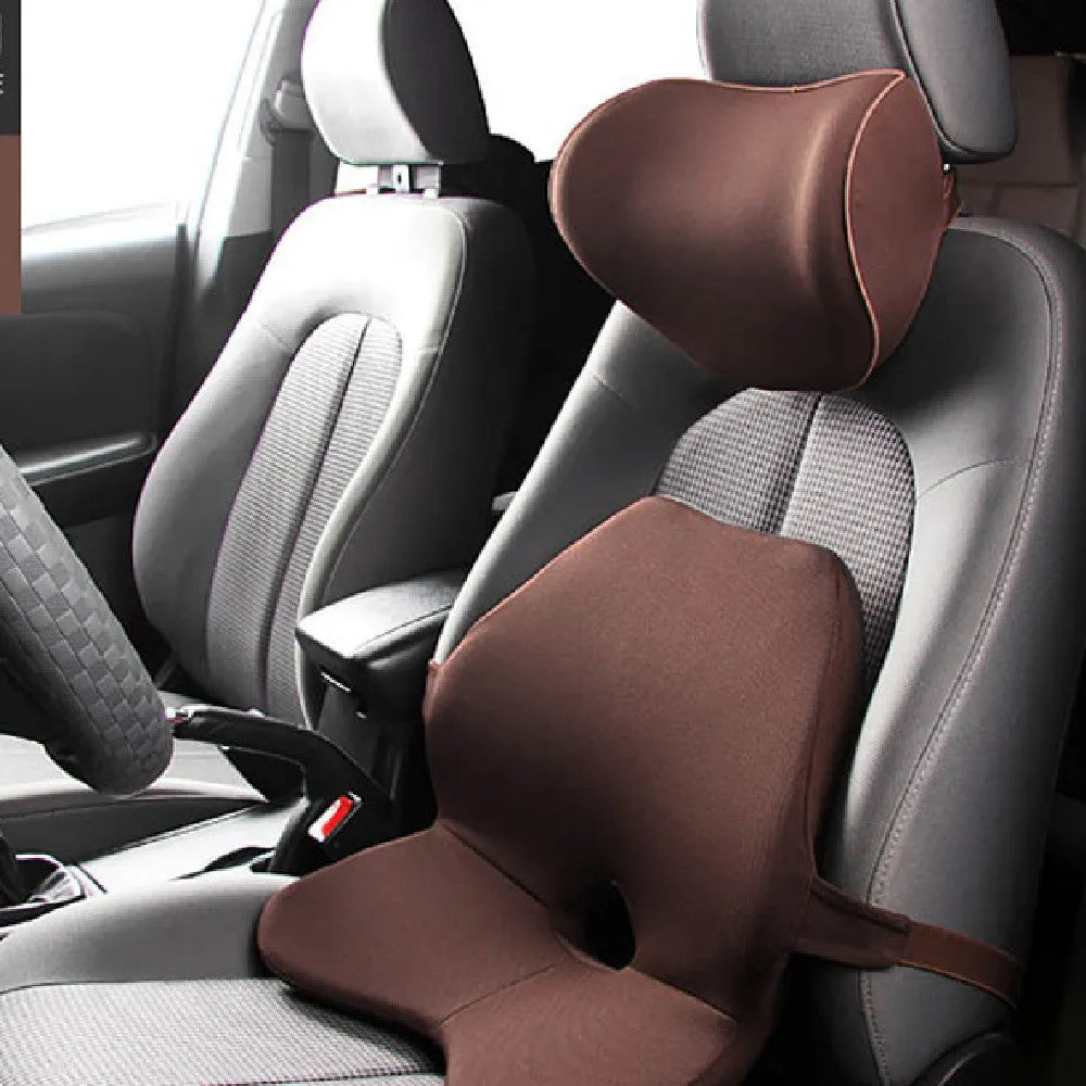 Memory foam car lumbar support cushion and a version with integrated headrest in beige colour.
