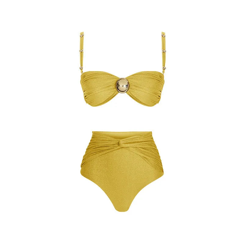Women's high-waisted split bikini set with cover-up skirt in green or yellow colours