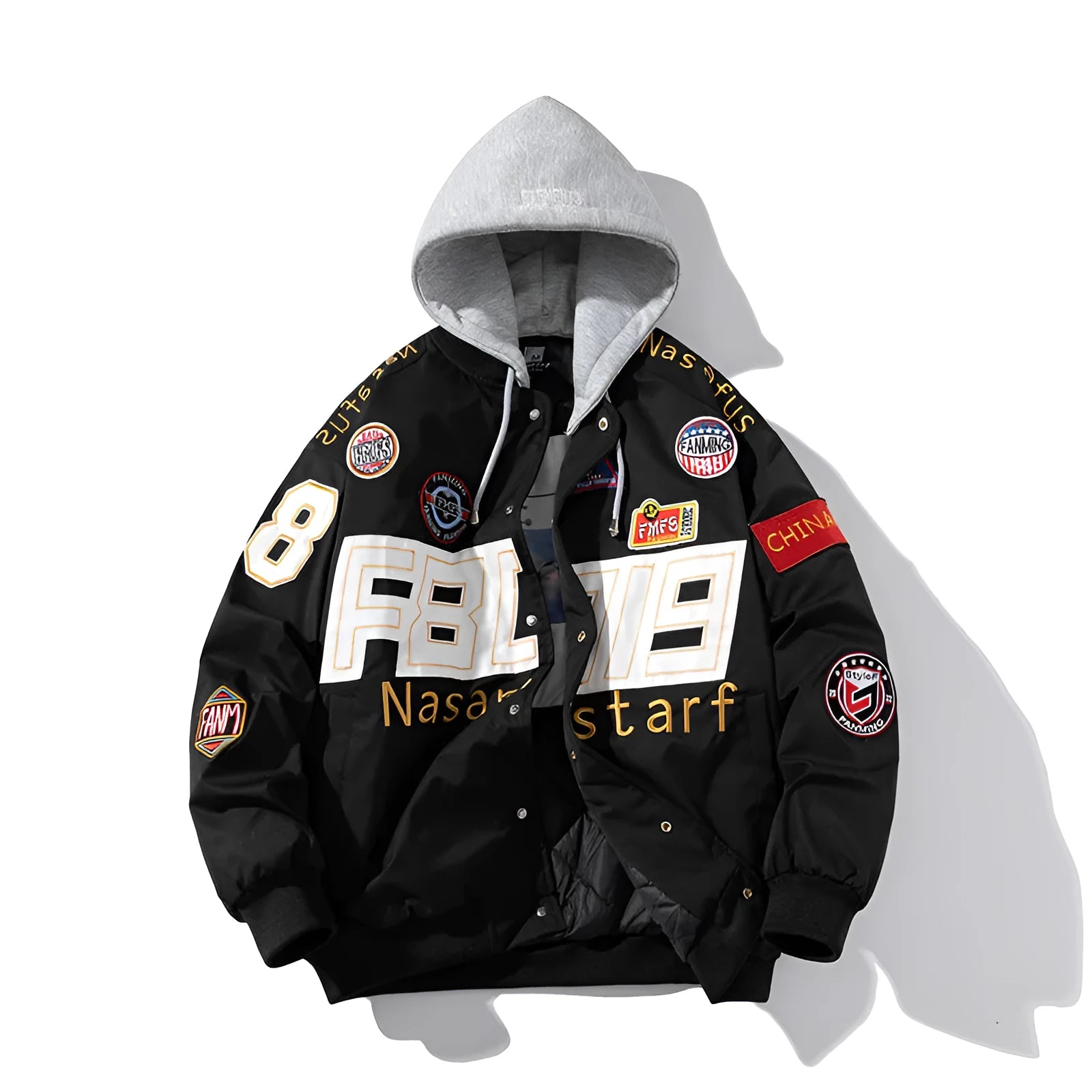 Black American motorcycle-style loose-fit baseball jacket with side pocket, shown with detachable hood.