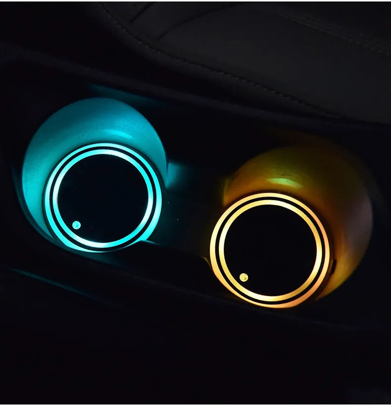 Car cup holder LED light-up coaster showing 7-colour illumination in automotive drink holder