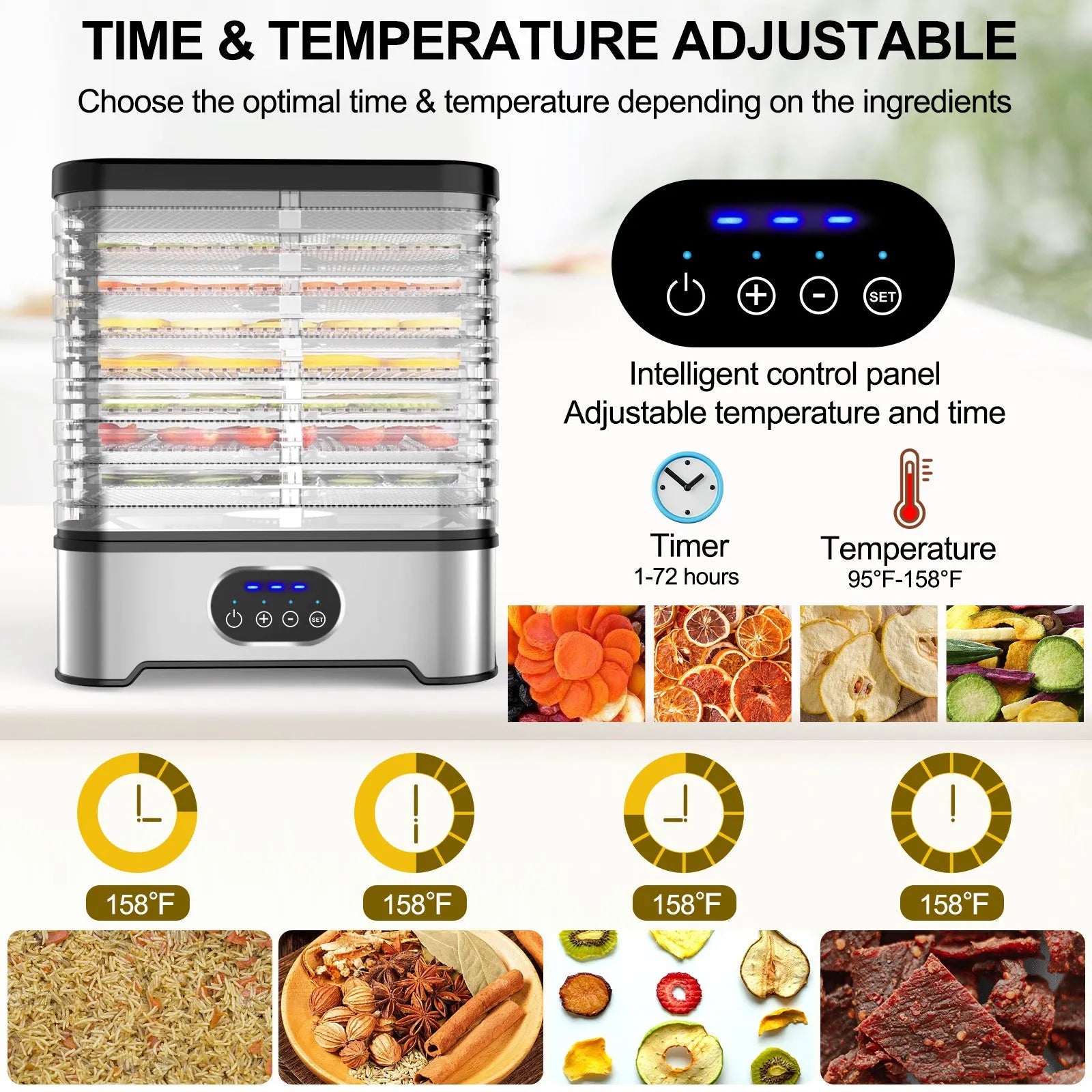 Silver or red household food dehydrator with 8 drying trays, showing compact design.