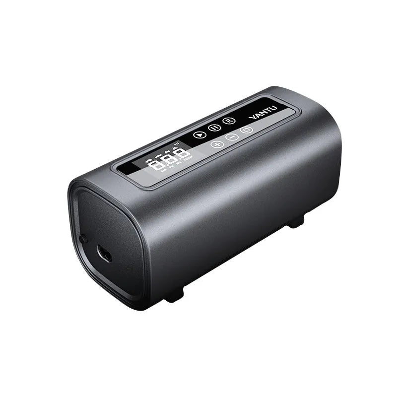 Black electric tyre pump with digital display and long hose for car and bicycle inflation