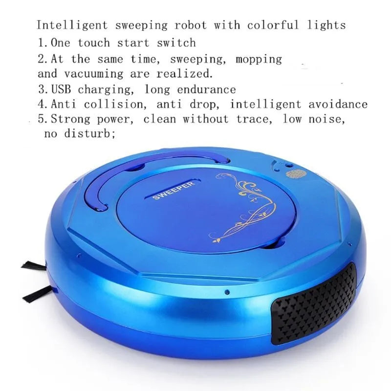 Smart floor sweeping robot vacuum cleaner in black, blue, or white colours with charging cable and cleaning attachments