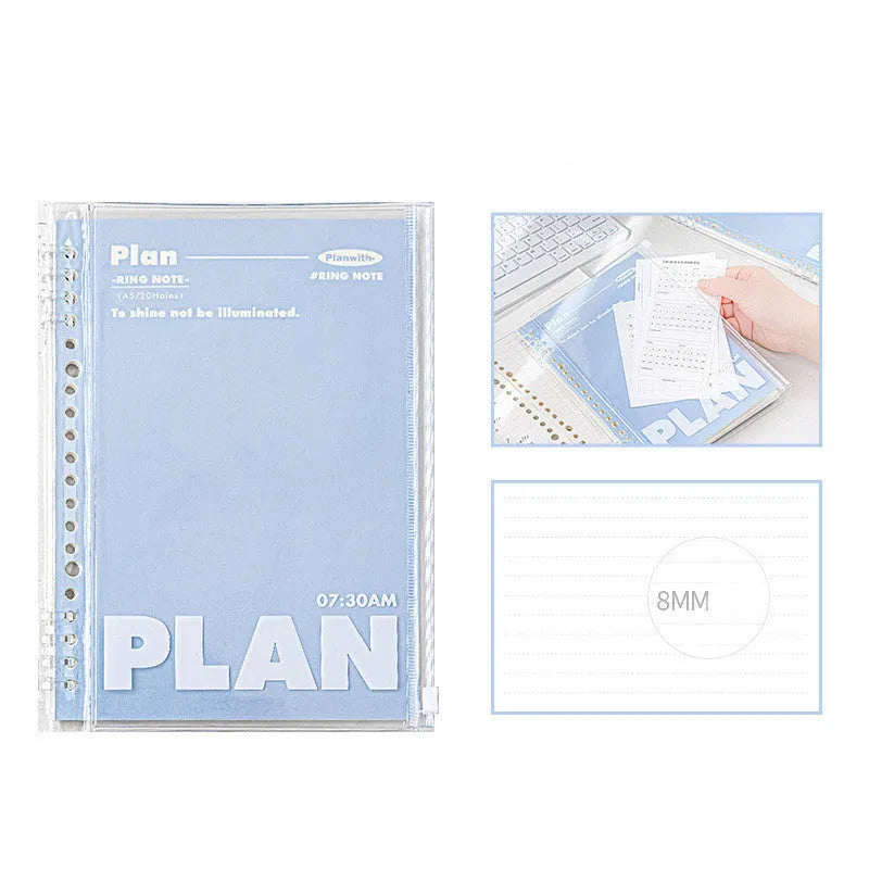 A5 size spiral-bound notebook with a PVC cover, shown in blue and white colour options.