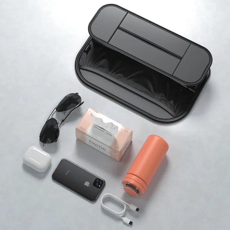 Black leather car seat back storage bag showing dimensions and customisable compartments
