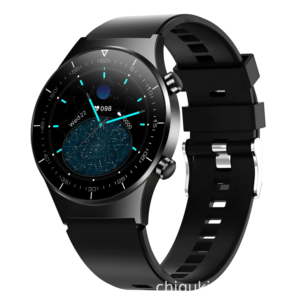 Black smart watch with health monitoring display showing blood pressure and heart rate metrics
