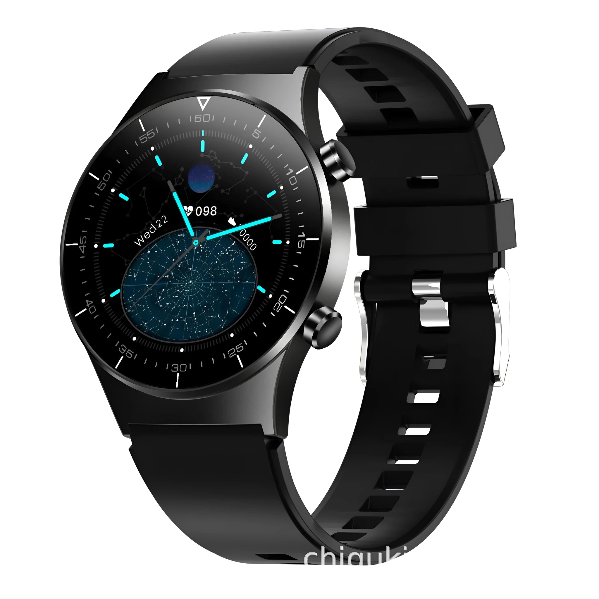 Black smart watch with health monitoring display showing blood pressure and heart rate metrics