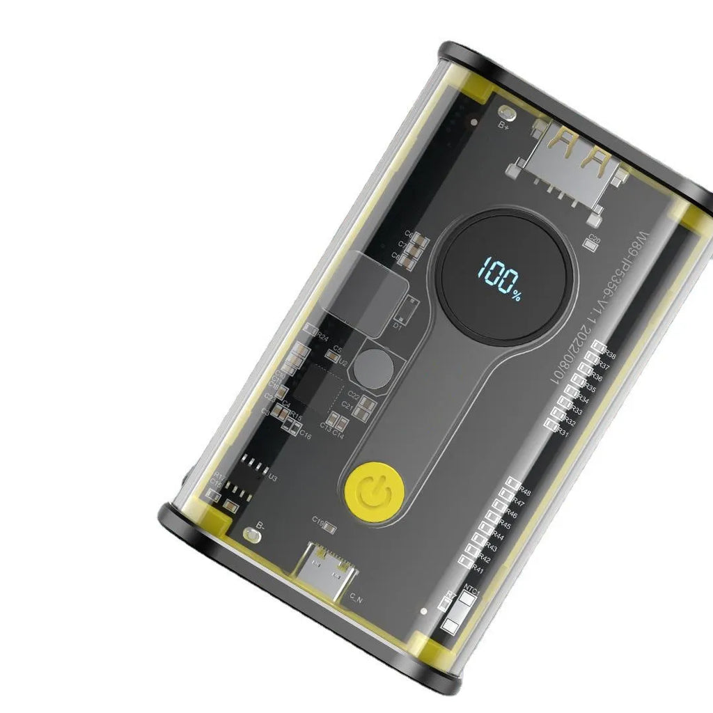 Transparent yellow industrial power bank showing internal components with 10000mAh capacity label