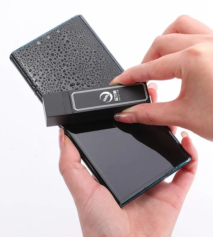Black plastic case containing 40 disposable screen cleaner wipes for mobile phones and tablets.