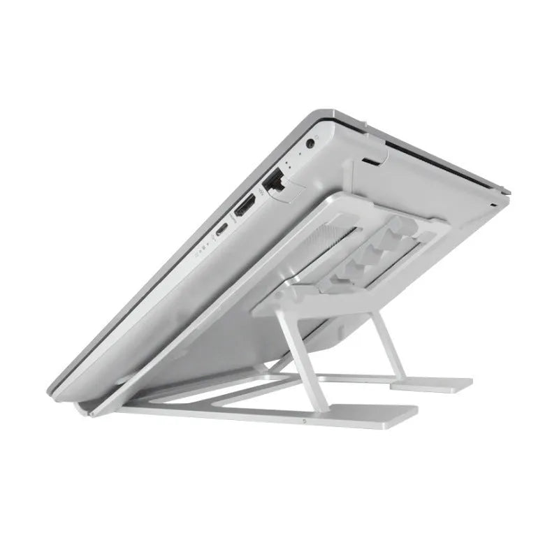 Silver aluminium foldable laptop stand with double silicone snaps, measuring 240x230x18mm, on a desk