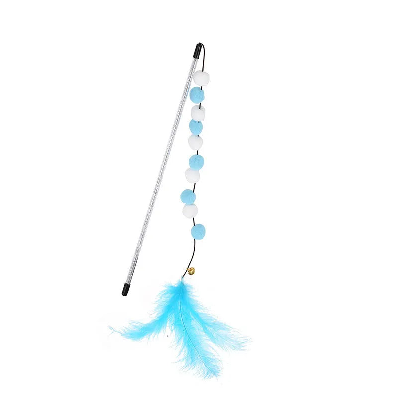 31cm long cat teaser rod with colourful feather pompon and bell attachments