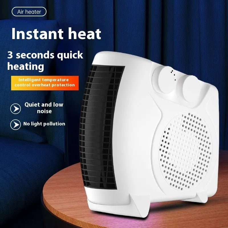 Small white electric space heater for desktop use with two-speed control and low-noise operation