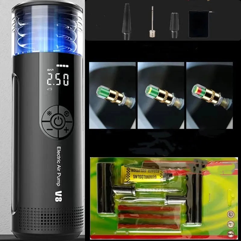 Black electric tyre pump with digital display and long hose for car and bicycle inflation