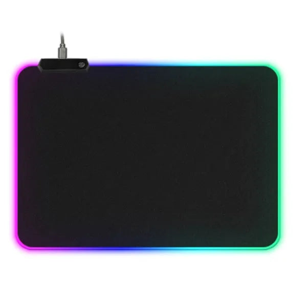 Luminous table mat gaming mouse pad with RGB illumination and non-slip rubber base in black on a wooden desk