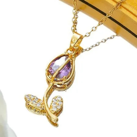 Zircon tulip necklace with titanium steel chain and copper-plated gold flower pendant in C383 gold colours