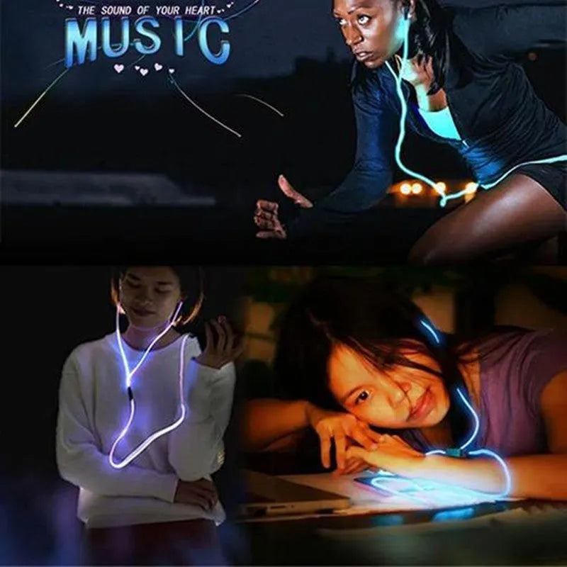Blue Magic Light LED earphones with glowing stems, 3.5mm plug, and inline remote on a dark background.