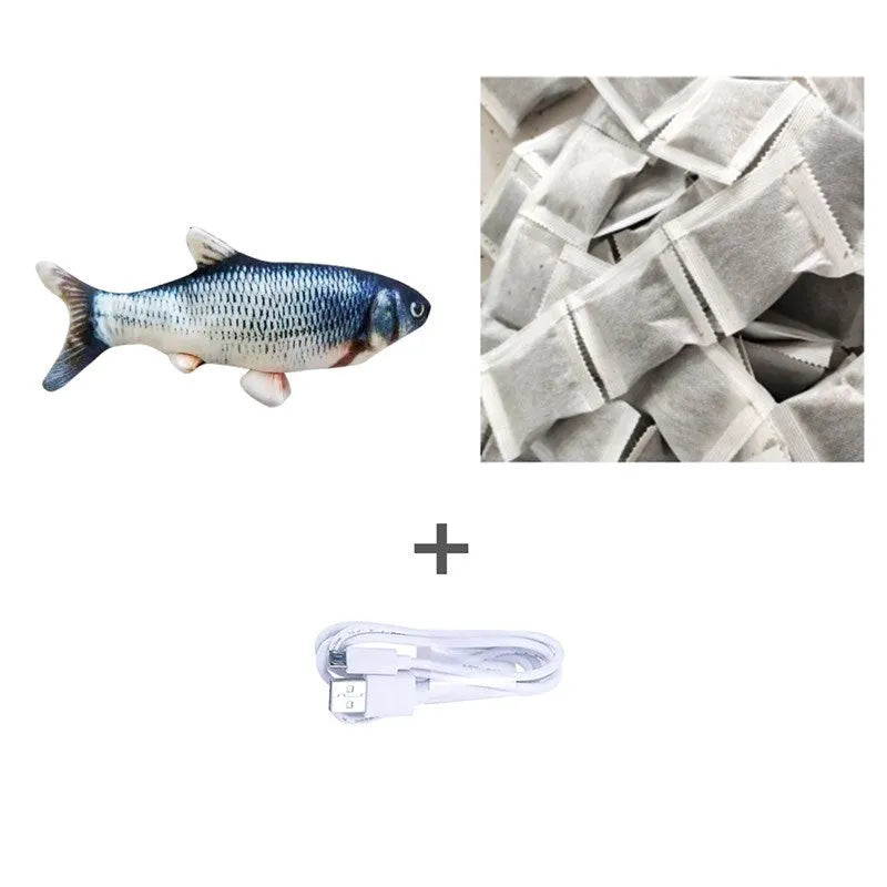 Multicolour electronic fish cat toy measuring 30cm with USB charging cable