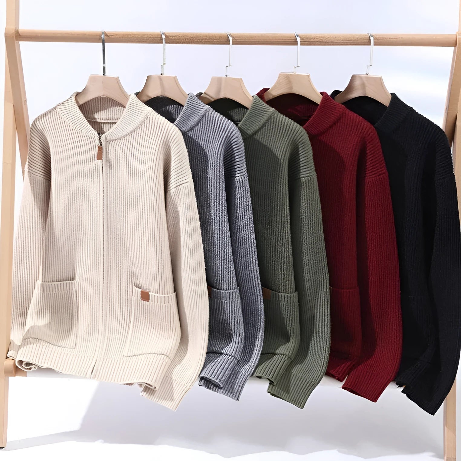 Men's striped sweater cardigan in Vinylon blend fabric available in five colours with straight cut design