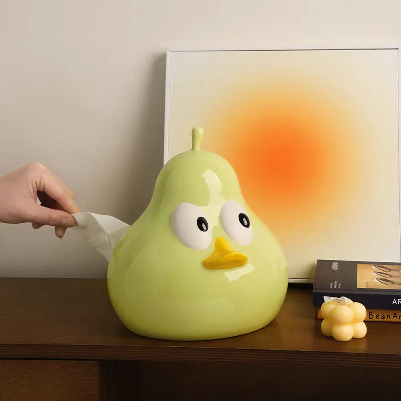 Ceramic pear-shaped tissue box holder in cute animal style with green glaze finish