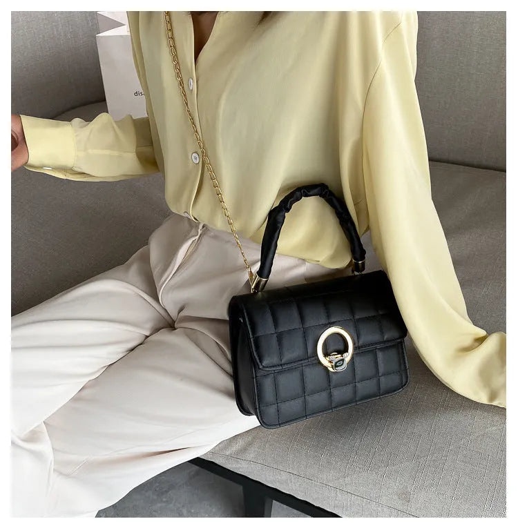 Women's solid colour PU leather small square crossbody bag with messenger chain in Black, Purple, and White