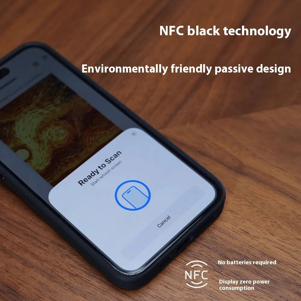 NFC projection screen four-colour e-ink bracket phone case for iPhone in graphite black, pink, or green.