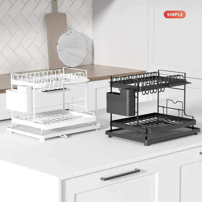White and black double-layer kitchen storage rack with removable draining section