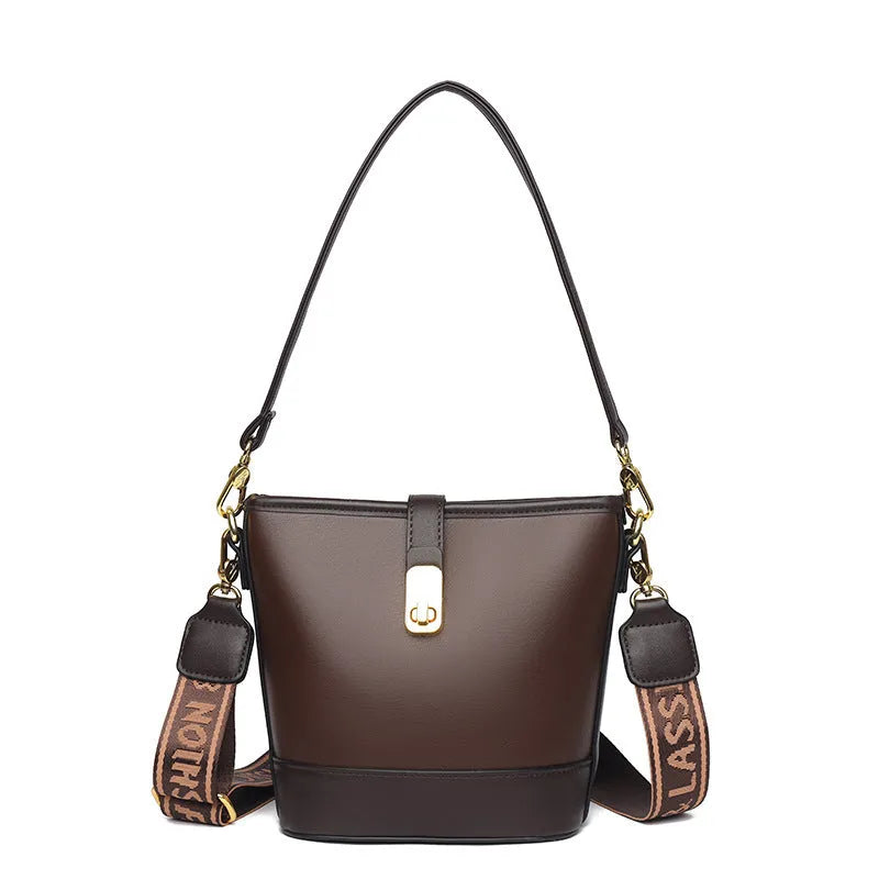 Korean style soft PU bucket messenger bag with double shoulder straps in black colour showing sandwich pocket and sewing thread details