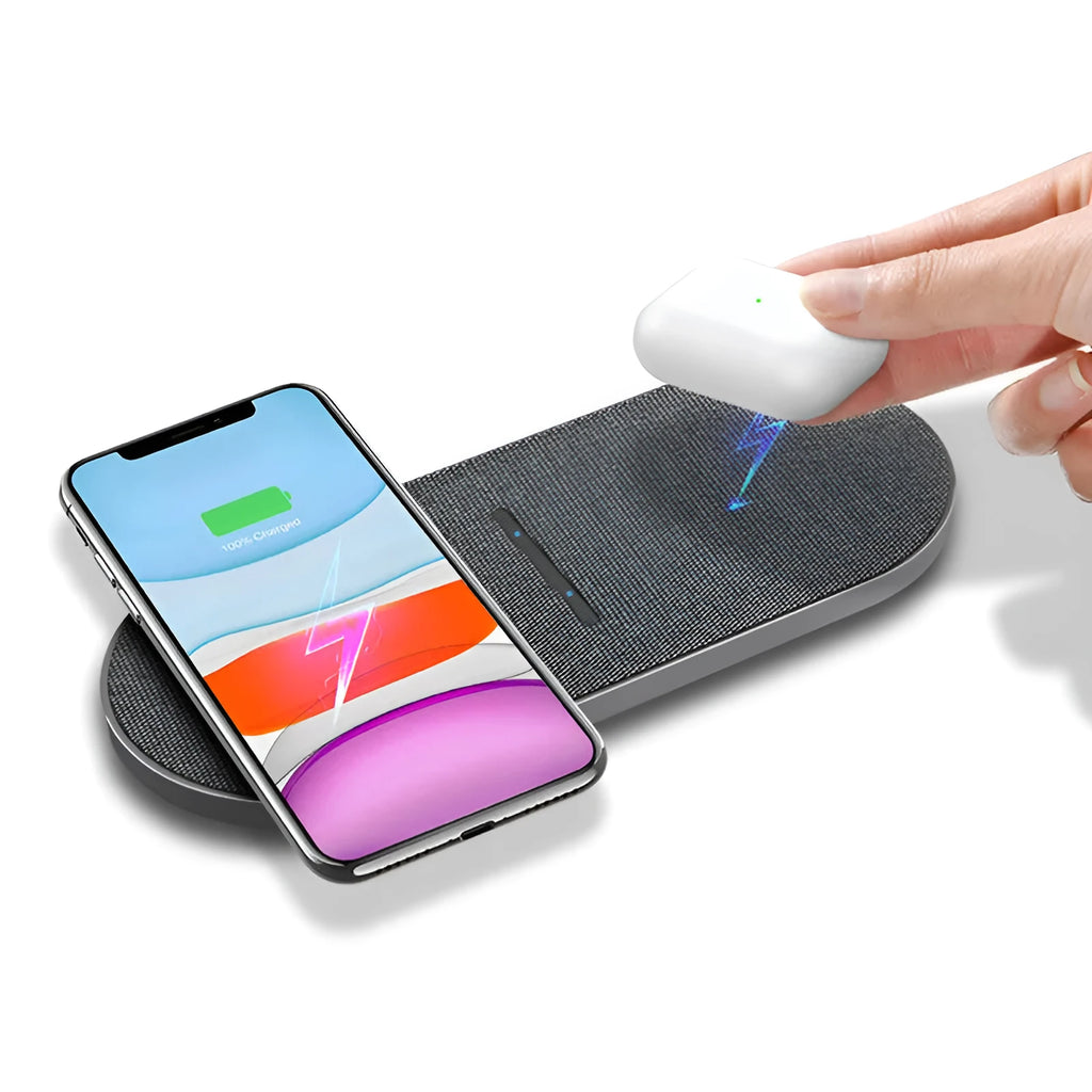 Black wireless charging pad duo for two devices with 10W fast charging capability