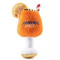 Yellow plush beer bottle squeaky dog toy with a dental cleaning feature.