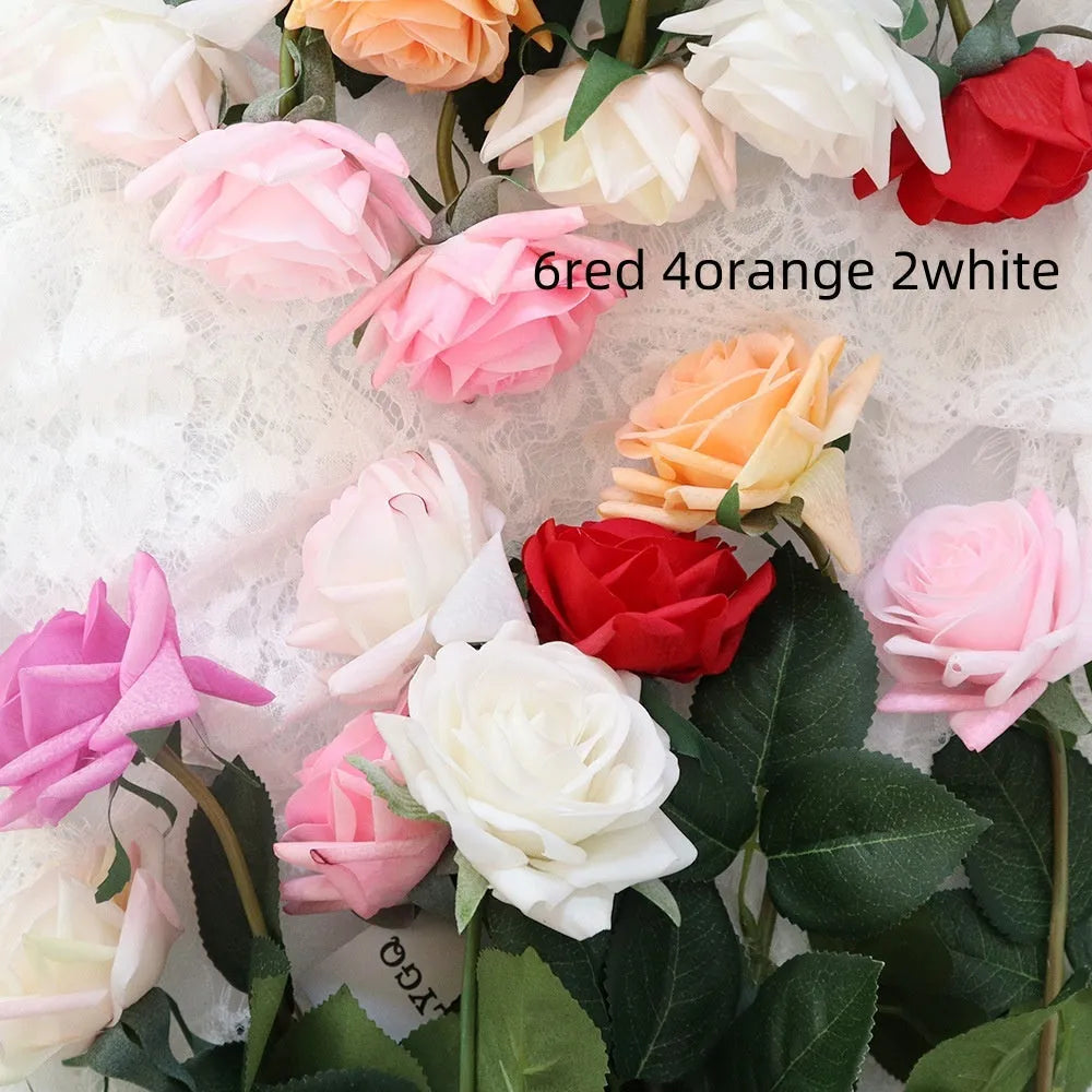 Artificial silk rose flower with red petals and green plastic stem measuring approximately 42cm long