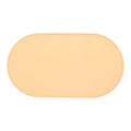 Silicone cat feeding placemat in beige colour, shown under food and water bowls on a kitchen floor.