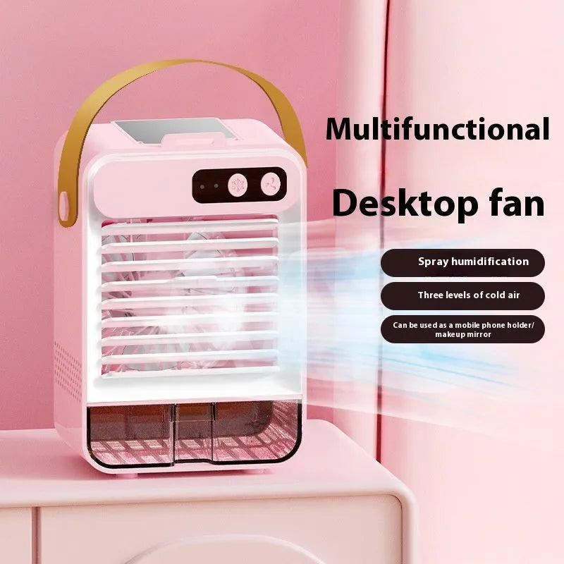 Dark green and ivory white compact USB desktop air humidifier on a wooden desk.