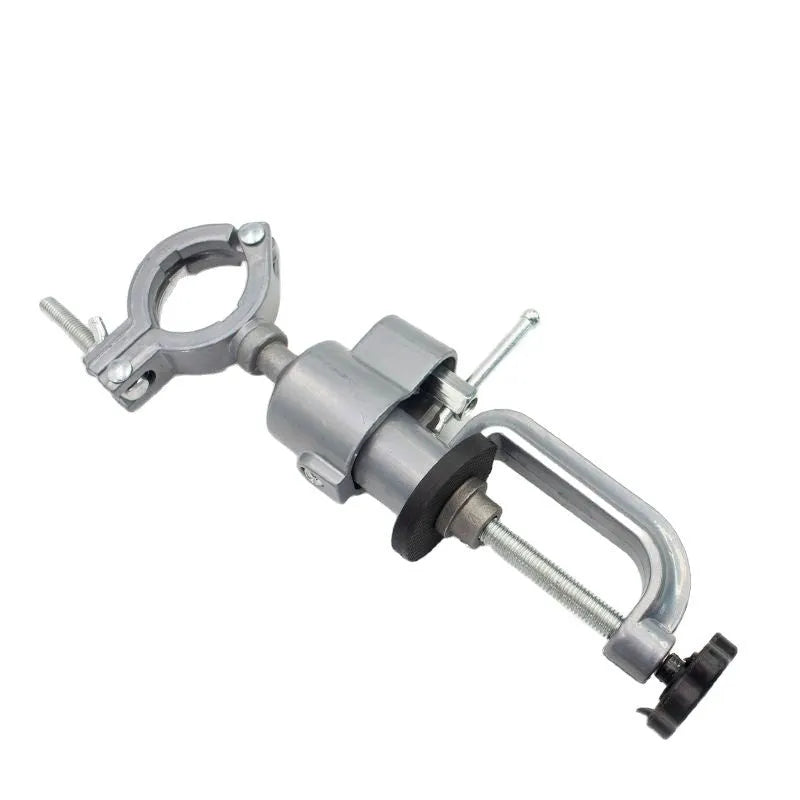 Bench vise with 360-degree rotation and clamp-on bracket mounting