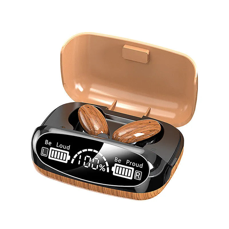 M35 wood grain wireless Bluetooth earbuds with charging case on a neutral background