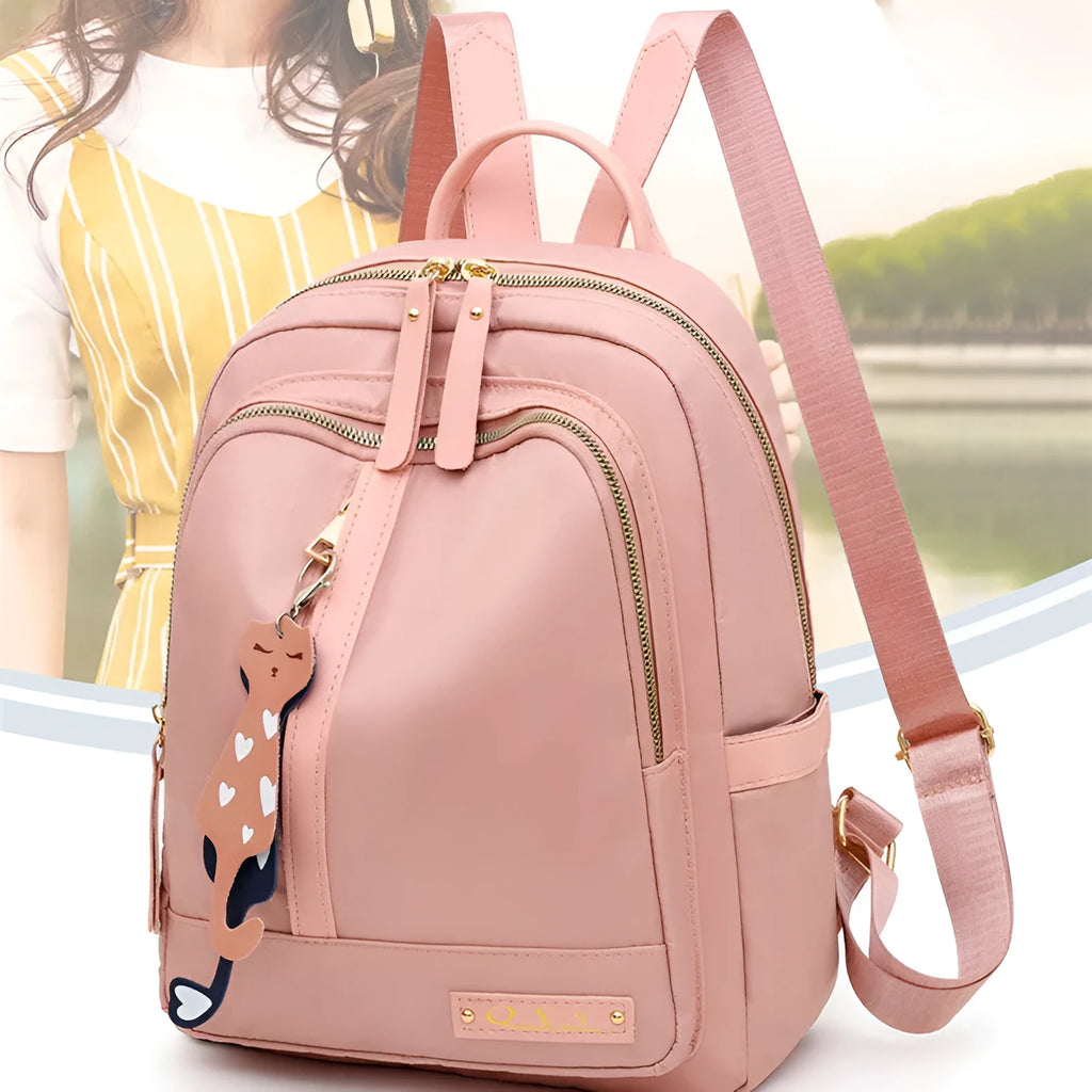 Women's black nylon casual backpack with double shoulder straps and external pockets
