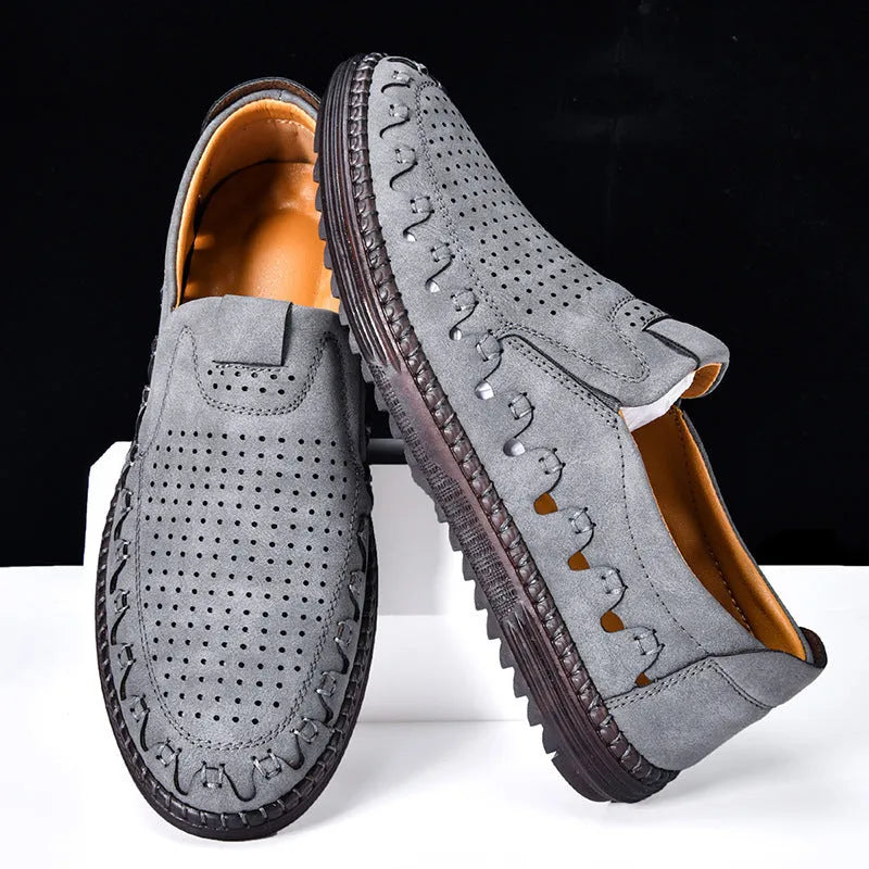 Men's brown handmade PU leather slip-on casual shoes with flat heel and round toe cap.