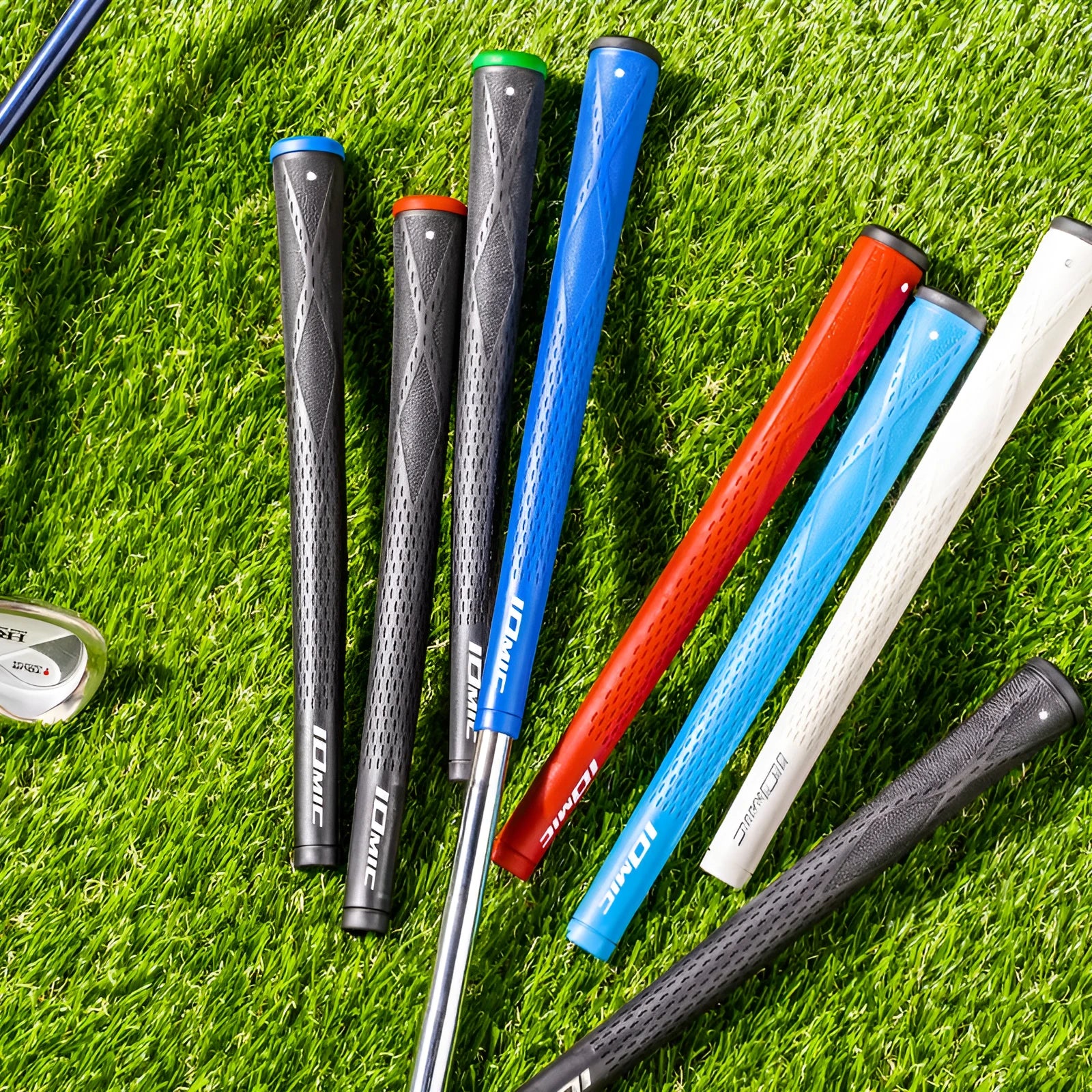 TPE material golf club grip in various colour options including pink, red, blue, white, and black.