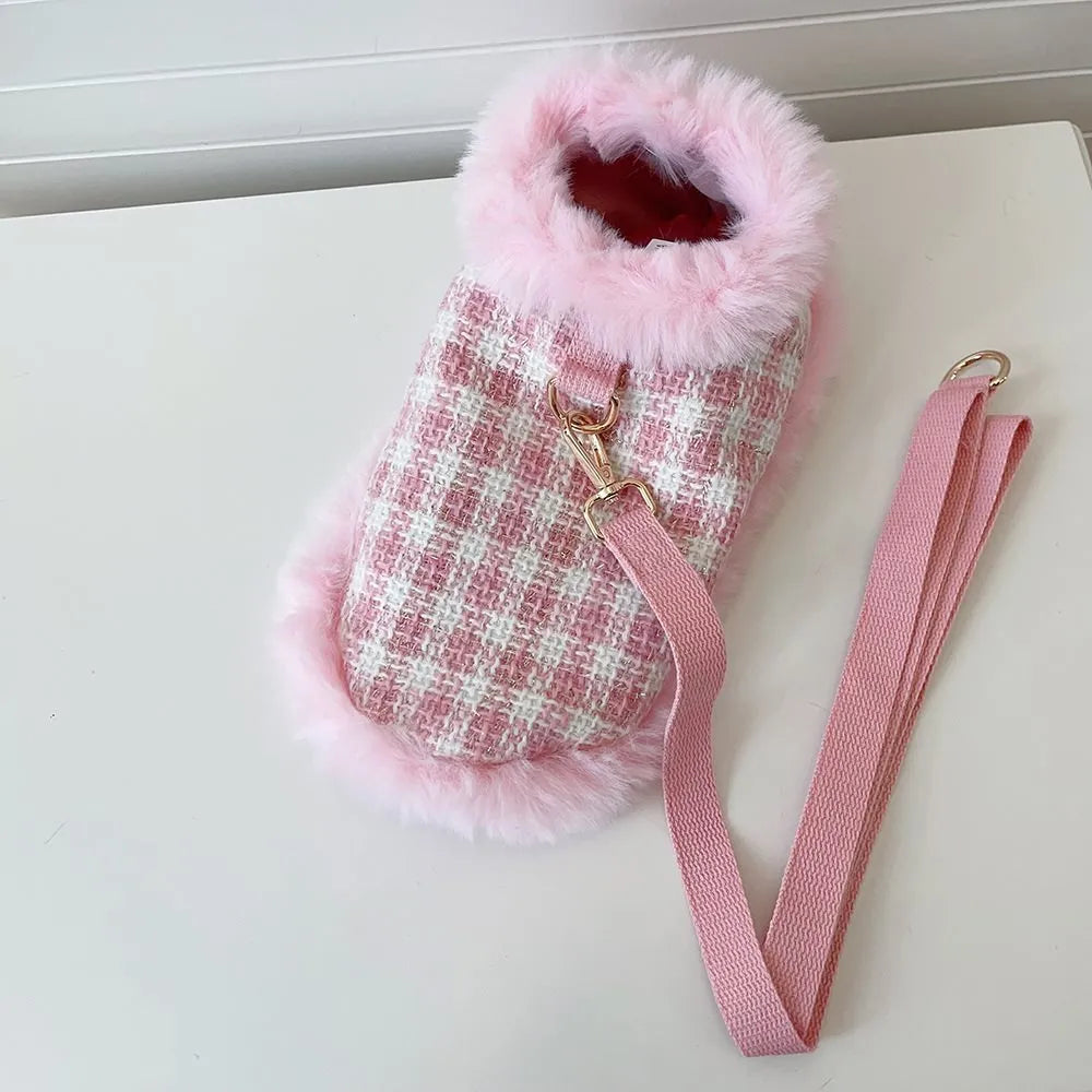 Pink cat costume with beret and cloak including hand-held control rope for pet dress-up