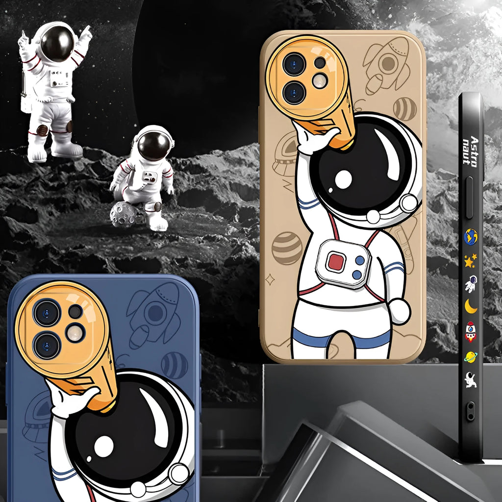 Cartoon astronaut and planet design on a black silicone phone case for iPhone.