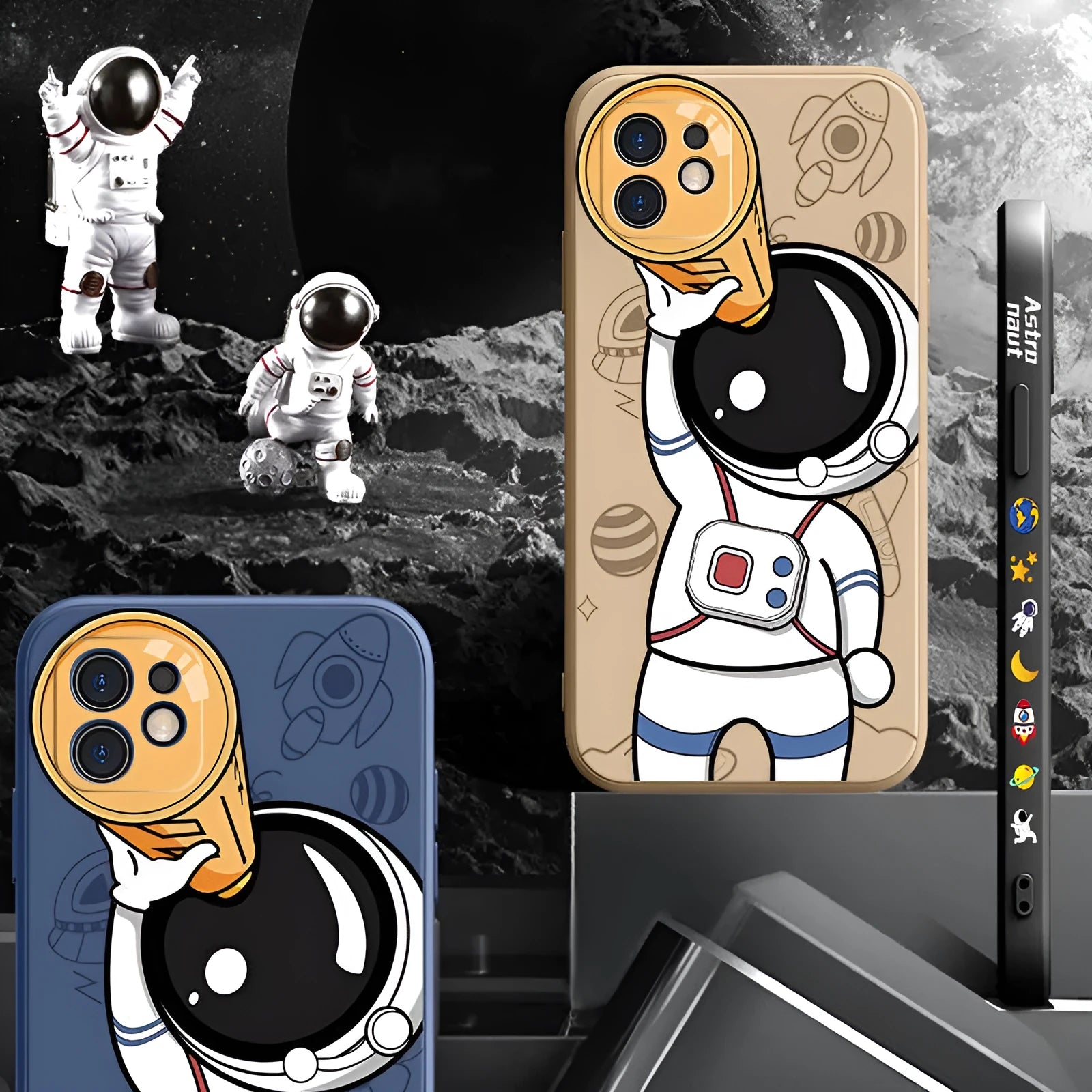 Cartoon astronaut and planet design on a black silicone phone case for iPhone.